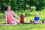 Yong mother with toddler and dog sitting on rad on nature