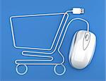 White mouse in the shape of a shopping cart on a blue background.