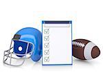 Checklist, football helmet and ball. Isolated render on a white background