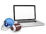 Laptop, a football helmet and ball. Isolated render on a white background