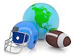 Earth, football helmet and ball. Isolated render on a white background