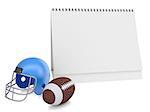 Desktop calendar, a football helmet and ball. Isolated render on a white background