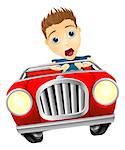 Cartoon young man looking very scared driving fast in convertible sports car