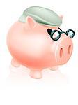 Pension pig money box concept of a a savings piggy bank money box dressed in senior's hat and specs.