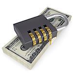 Combination lock on a pack of dollars. Isolated render on a white background