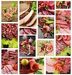 Collection of Meat and Sausages with Bacon, Hamon, Salchichone, Roasted Beef, Salami, Smoked Pork, Vegetables and Green Olives