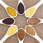 Mustard selection of powder, seed, french, dijon, english and wholegrain in white porcelain spoons over hessian background.