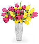 Yellow and pink tulip flower arrangement in a distressed aluminum vase over white background.