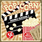 Popcorn with clapper board and movie tickets on vintage grunge poster, vector illustration