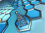 3d background is blue hexagons with a steel tower