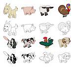 A set of cartoon farm animal illustrations. Color and black an white outline versions.
