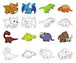 A set of cartoon prehistoric animal and dinosaur illustrations. Color and black an white outline versions.