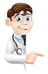 An illustration of a friendly cartoon doctor peeping round pointing at a sign or banner