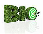 bio word composed from letters that are covered by grass and flowers, and a dartboard with three darts stuck in it covers the hole of the letter O, on a white background