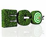 eco word composed from letters that are covered by grass and flowers, and a dartboard with three darts stuck in it covers the hole of the letter O, on a white background