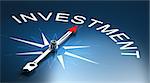 Needle of a compass pointing to the word investment, 3D Render suitable for financial risk management concept.