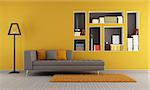 Colorful living room with sofa and niches used as a bookcase - rendering