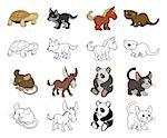 A set of cartoon animal illustrations. Color and black an white outline versions.