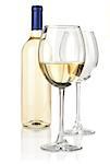 White wine in bottle and glasses. Over white