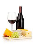 Red wine, cheese and grapes. Isolated on white