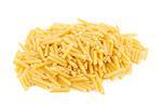 Heap of penne pasta. Isolated on white background