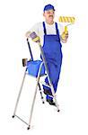 house painter with ladder over white background