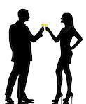 one caucasian couple man and woman drinking champagne toasting partying in studio silhouette isolated on white background