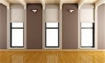 Brown empty room with three vertical windows - rendering