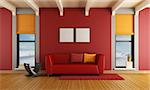 Red living room of a house in the mountains with  sofa and two windows - rendering - the image on background is a my photo