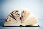 Fanned book on a white reflective surface