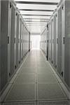 Hallway with a row of servers in data center