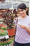 Woman looking for the price of plant in garden center