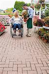 Woman in wheelchair buying potted plant in the garden centre