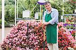 Cheerful man holding a spade in garden center