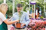 Assistant helping customer while choosing a plant in garden center