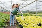 Gardener and granddaughter watering plants in greenhouse