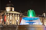 The National Gallery and fountain in Trafalgar Square at night, London, England, United Kingdom, Europe