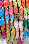 Colourful babouche for sale in thesouks in the old Medina, Place Djemaa El Fna, Marrakech, Morocco, North Africa, Africa