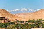 Snow capped High Atlas Mountains from Kasbah Ait Ben Haddou, near Ouarzazate, Morocco, North Africa, Africa