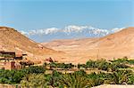 Snow capped High Atlas Mountains from Kasbah Ait Ben Haddou, near Ouarzazate, Morocco, North Africa, Africa