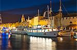 Trogir town and boat docks at night, Trogir, Dalmatian Coast, Adriatic, Croatia, Europe