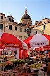 Market with statue of Ivan Gundulic, Dubrovnik, Croatia, Europe