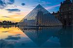 Louvre Pyramide at sunset, Paris, France, Europe