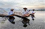 Intha leg rowing fishermen on Inle Lake who row traditional wooden boats using their leg and fish using nets stretched over conical bamboo frames, Inle Lake,Shan State, Myanmar (Burma), Asia