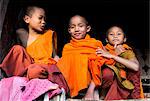 Three novice monks in village near Kengtung (Kyaingtong), Shan State, Myanmar (Burma), Asia