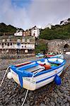 Fishing boat on the pebble beach in Clovelly harbour, Devon, England, United Kingdom, Europe