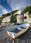 Fishing boat on the pebble beach in Clovelly harbour, Devon, England, United Kingdom, Europe