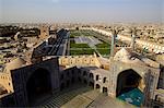 View from the great minaret over the Royal Square (Imam Square), UNESCO World Heritage Site, Grand Mosque and Sheik Lotfollah Mosque, Isfahan, Iran, Middle East