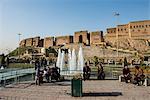 Huge square with water fountains below the citadel of Erbil (Hawler), capital of Iraq Kurdistan, Iraq, Middle East