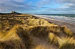 Marram grass, beach and surf with Bamburgh Castle in distance, Bamburgh, Northumberland, England, United Kingdom, Europe